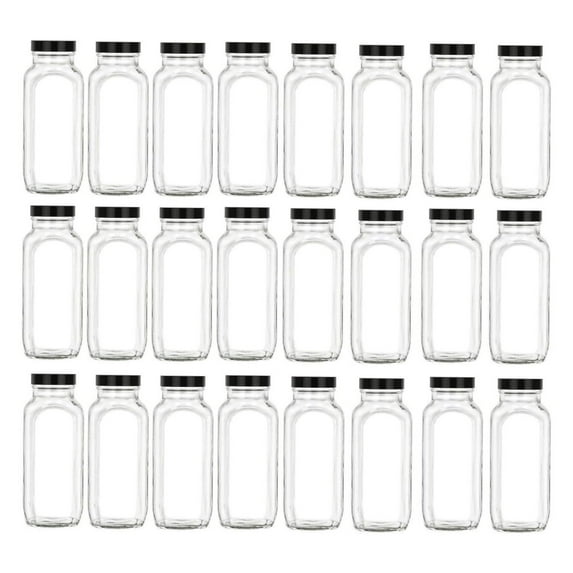 24 pcs 16 oz Glass French Square Bottle Set with Black Lids - Wide mouth with BPA , Airtight, Leak Proof Lids for Fruit Juices, Kombucha, Dressings (Black, 24)
