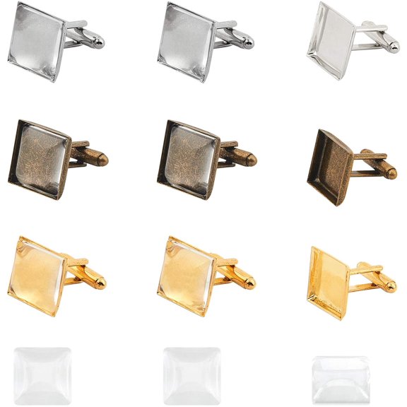24 pcs 3 Colors Brass Cufflink Cuff Button Pads 16mm Square Tray Bezel Cufflink Blanks with Clear Cabochons for Shirt Cloth AccessoriesMixed Color