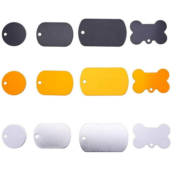 24 pcs 4 Shapes 3 Colors Pet ID Tag Charm Flat Round/Rectangle/Bone Shape Personalized Aluminium Blank Pendants for Dogs Cats Mixed Colors DIY Making