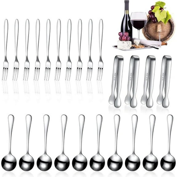 24 pcs Charcuterie Accessories Mini Cocktail Tongs Small Serving Spoons and Appetizer Forks Stainless Steel Tongs Charcuterie Utensils for Valentine Party Supplies(Circular Spoon,Silver)