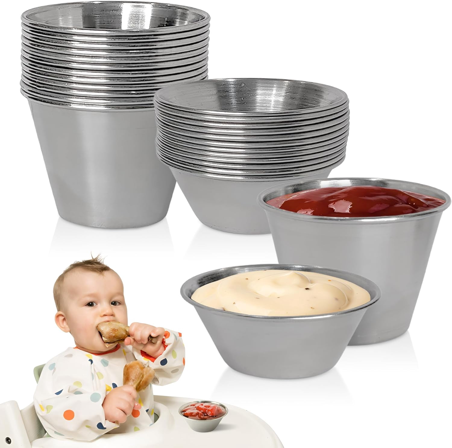 24 pcs Stainless Steel Condiment Small Sauce Cups - Round Ramekin ...