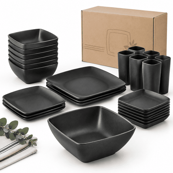 24-piece Black Square Dinnerware Set For 6, Includes Plates, Snack Dishes, And Tumblers