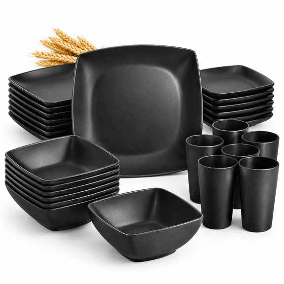 24-piece Black Square Dinnerware Set for 6, Includes Plates, Flatware and Tumblers