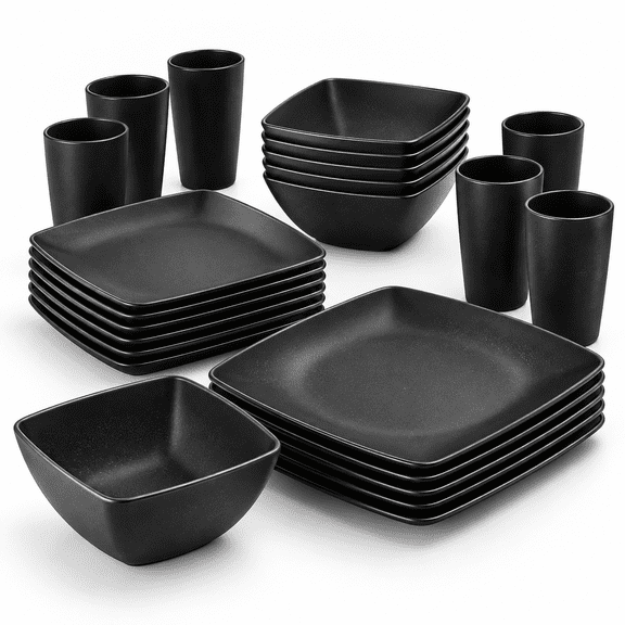 24-piece Black Square Dinnerware Set for 6, Includes Plates, Tumblers and Flatware