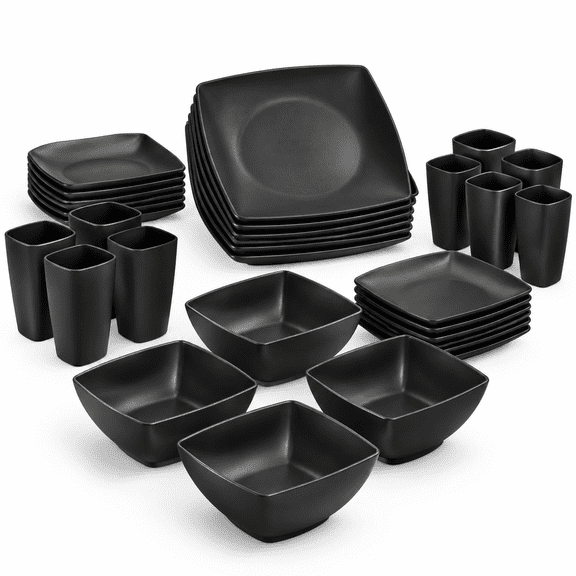 24-piece Black Square Dinnerware Set for 6, includes plates and tumblers