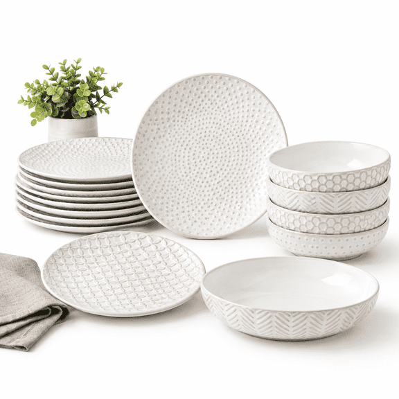 24-piece Embossed Ceramic Dinnerware Set-8 Dinner Plates 8 Salad 8 Pasta Elegant & Durable Tableware For Large Families Dishwashe