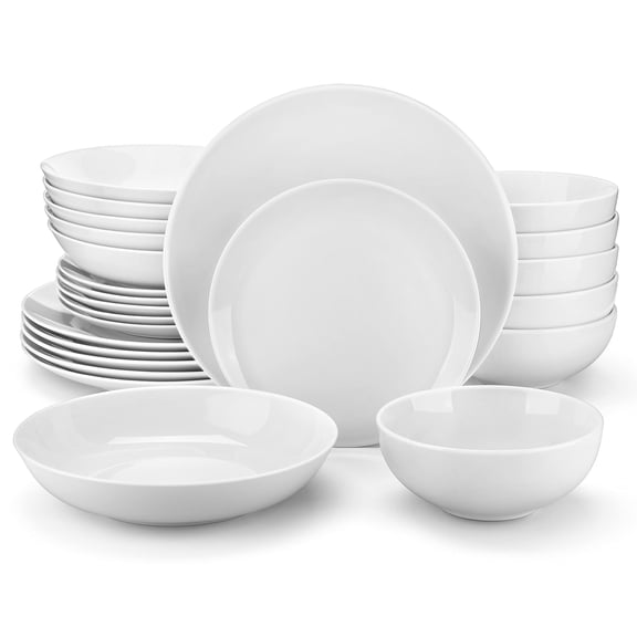 24-piece Gourmet Porcelain Dinnerware Sets Modern White Round Dish Set For 6 - Serving Plates And Dessert Salad Soup Pasta Series Amelia