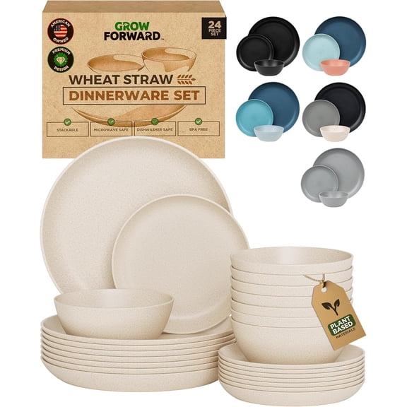 24-piece Premium Wheat Straw Dinnerware Sets for 8 - Unbreakable Dishwasher & Microwave Safe Plastic Plates and Bowls Sets - Patio, Outdoors, RV, Camping Dishes - Sahara