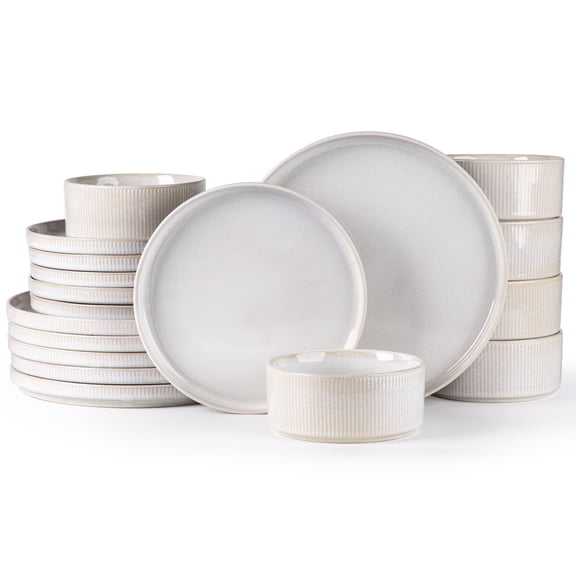 24-piece Stoneware Dinnerware Set For 8 - Ribbed Ceramic Plates And Scratch-resistantwave & Dishwasher Safe Reactive Glaze Sugar White