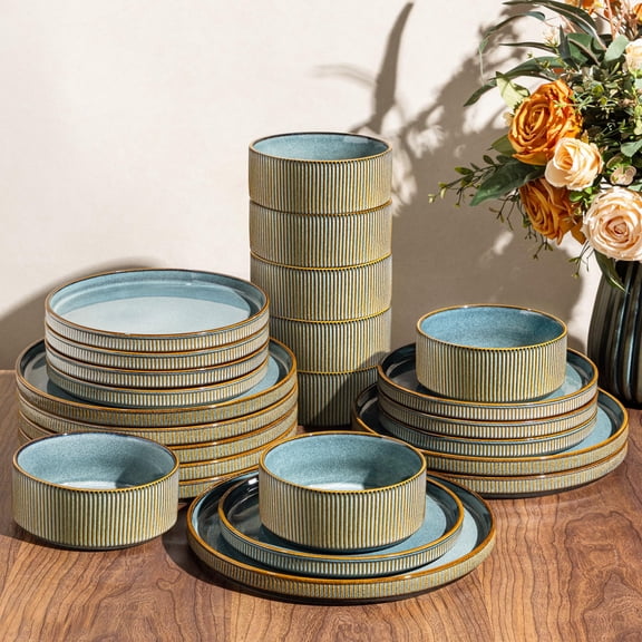 24-piece Stoneware Dinnerware Set For 8 - Ribbed Ceramic Plates And  Scratch-resistantwave & Dishwasher Safe Reactive Glaze-space Blue