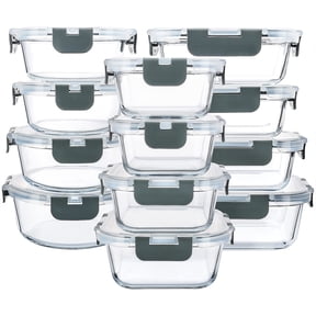 This 24-piece glass food storage container set features upgraded snap-lock lids. The glass meal preparation container set – airtight lunch boxes – is microwave, oven, refrigerator, and dishwasher saf
