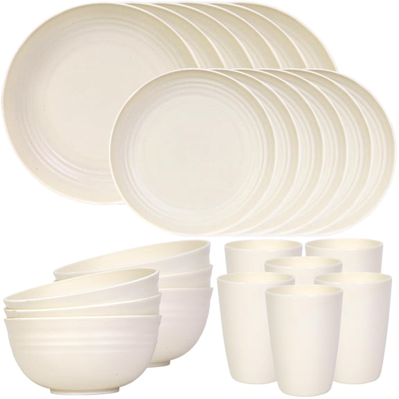 24 Piece Plates and Bowls Sets for 6, Unbreakable Dinnerware Sets, Dish Set for Camping, Dishwasher Microwave Safe, Outdoor Kitchen and Apartment Dinning RV Essentials