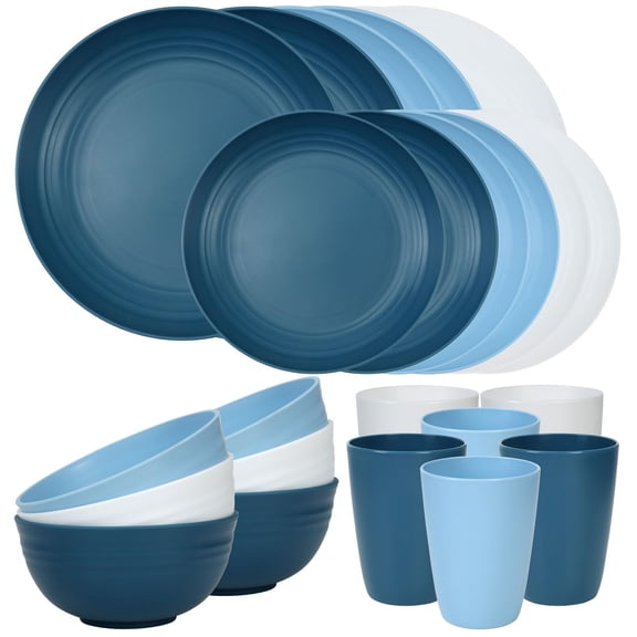 24-piece set of plates and bowls (suitable for 6 people), non-breakable tableware set, camping tableware set, can be washed in a dishwasher and microwave oven, suitable for essential outdoor items