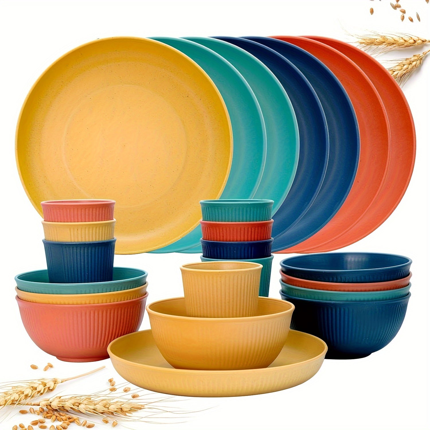 24 piece wheat straw tableware set, durable reusable plastic plates and cups set, suitable for camping, RV, picnic, kitchen, dormitory dishwasher, microwave safe tableware set (mixed color)