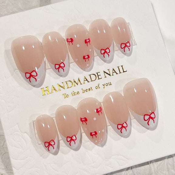 24 pieces of Xiaohong Shufeng French manicure pieces, bow fake nails, almond-shaped wearable armor wholesale