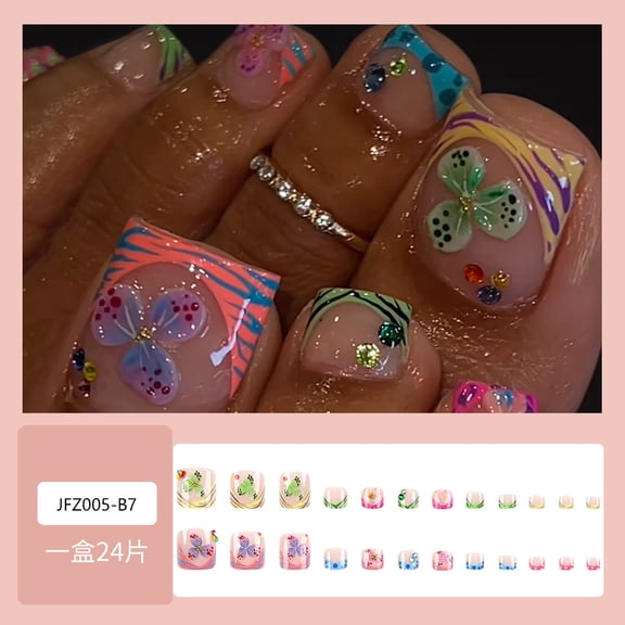 24 pieces of dopamine contrasting flowers wearing armor, sweet and spicy vacation style manicure, foreign trade short square and round toenails