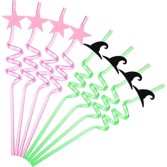 24 pieces of pink and green party favors plastic wizard straws reusable wizard hat star straws, suitable for Halloween witch and princess theme birthday party decoration supplies