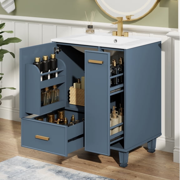 24" solid wood frame Bathroom Organizer, Space-Saving Freestanding Cabinet with pull-out basket, Retro Bathroom Vanity with ceramic sink for bathroom interior spaces, Blue Gray