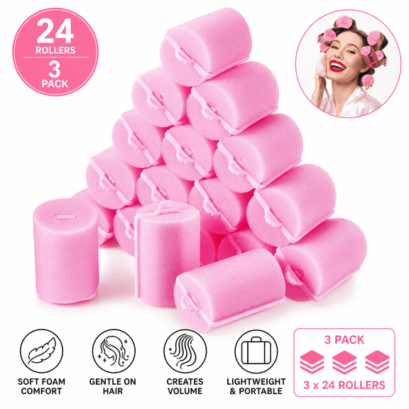 24 sponge rollers for hair, large hair rollers for styling with soft foam 3.0 cm - Pink