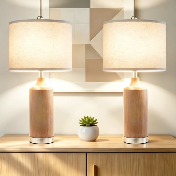 Geloran Modern 24'' Table Lamps Set of 2, Farmhouse Lamp for Bedroom, Rustic Tall Nightstand Lamp with Beige Linen Shade for Living Room (Brown)