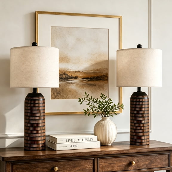 Geloran Tradition 24'' Table Lamps Set of 2, Rustic Farmhouse Bedside Lamps for Bedroom Living Room, Vintage Nightstand Lmaps with Linen Shade (Dark Brown)