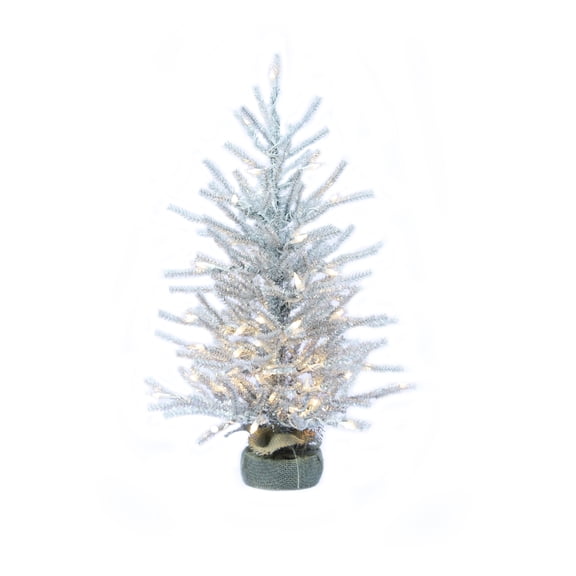 Perfect Holiday 2 Ft Tabletop Christmas Tree, 198 Tips, UL 50 Clear Lite, Burlap Base Dia 18" - Silver