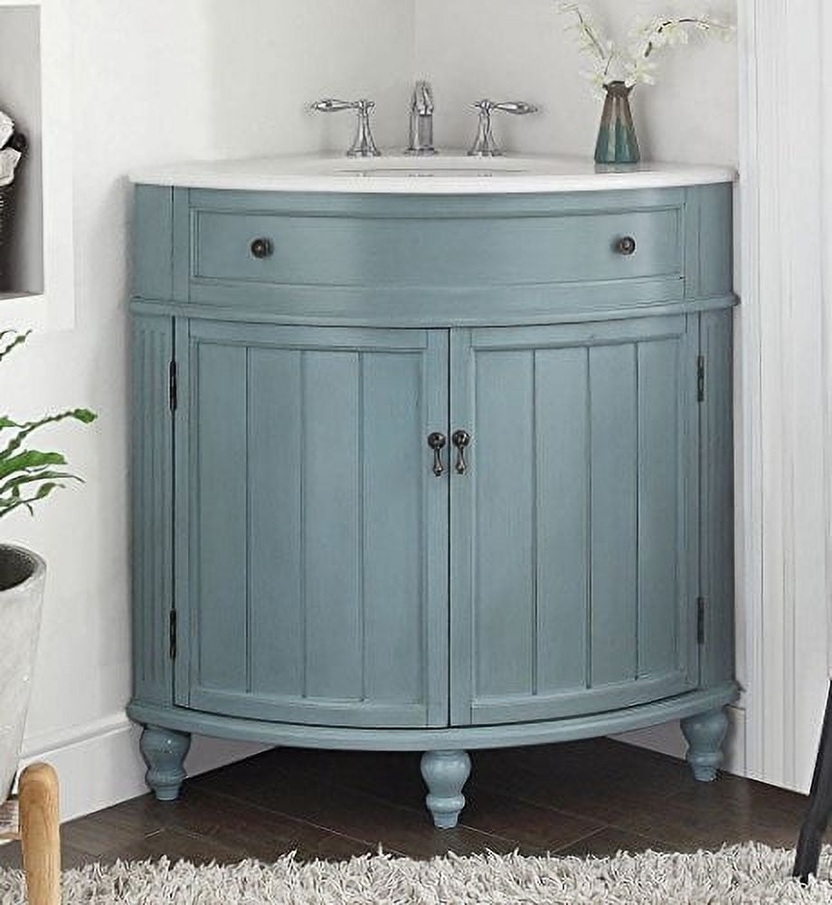 24" Light Blue Wood Corner Bathroom Vanity with White Marble Top