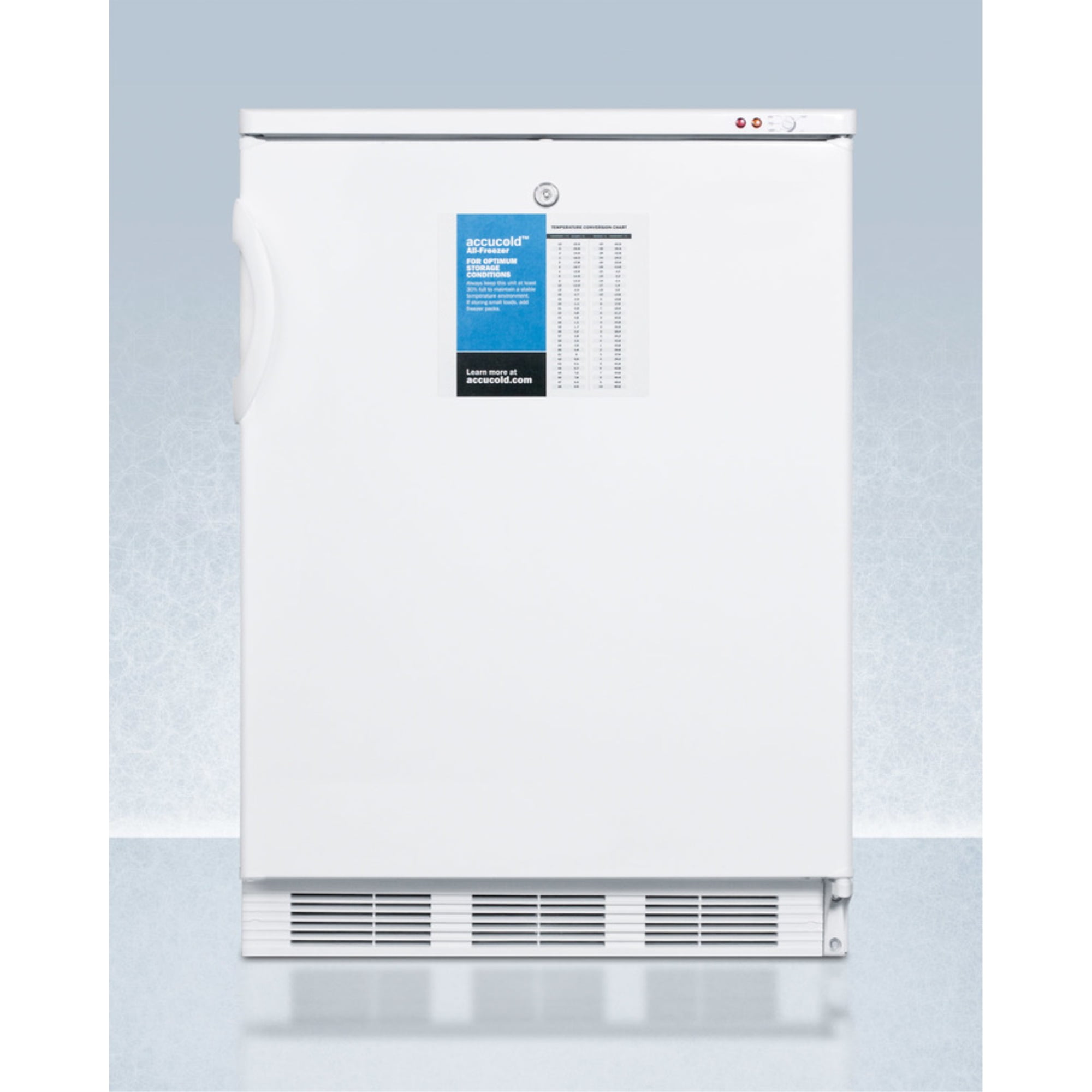24" wide -25C all-freezer for freestanding use, manual defrost with a lock and probe hole for user-installed monitoring equipment