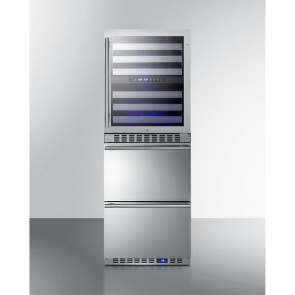 24" wide combination built-in/freestanding upright dual zone glass door wine cellar and 2-drawer refrigerator in stainless steel
