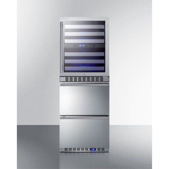 24" wide combination built-in/freestanding upright dual zone glass door wine cellar and 2-drawer refrigerator in stainless steel