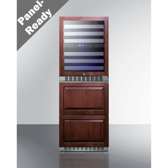 24" wide combination built-in/freestanding upright dual zone wine cellar and 2-drawer refrierator-freezer, panel-ready front