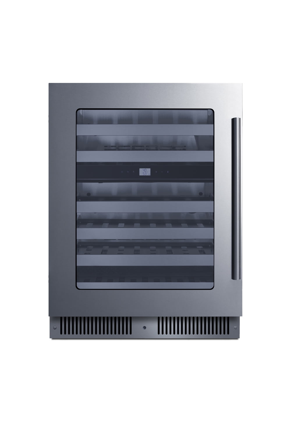 24" wide dual zone built-in undercounter premium wine cellar with glass door, stainless steel interior, tri-colored lighting, stainless steel cabinet, lock, and digital controls