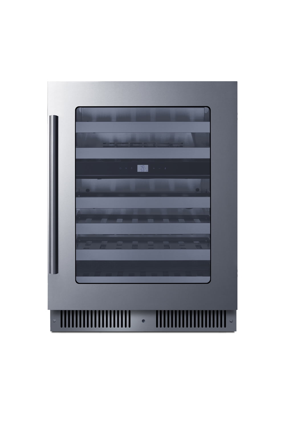 24" wide dual zone built-in undercounter premium wine cellar with glass door, stainless steel interior, tri-colored lighting, stainless steel cabinet, lock, and digital controls