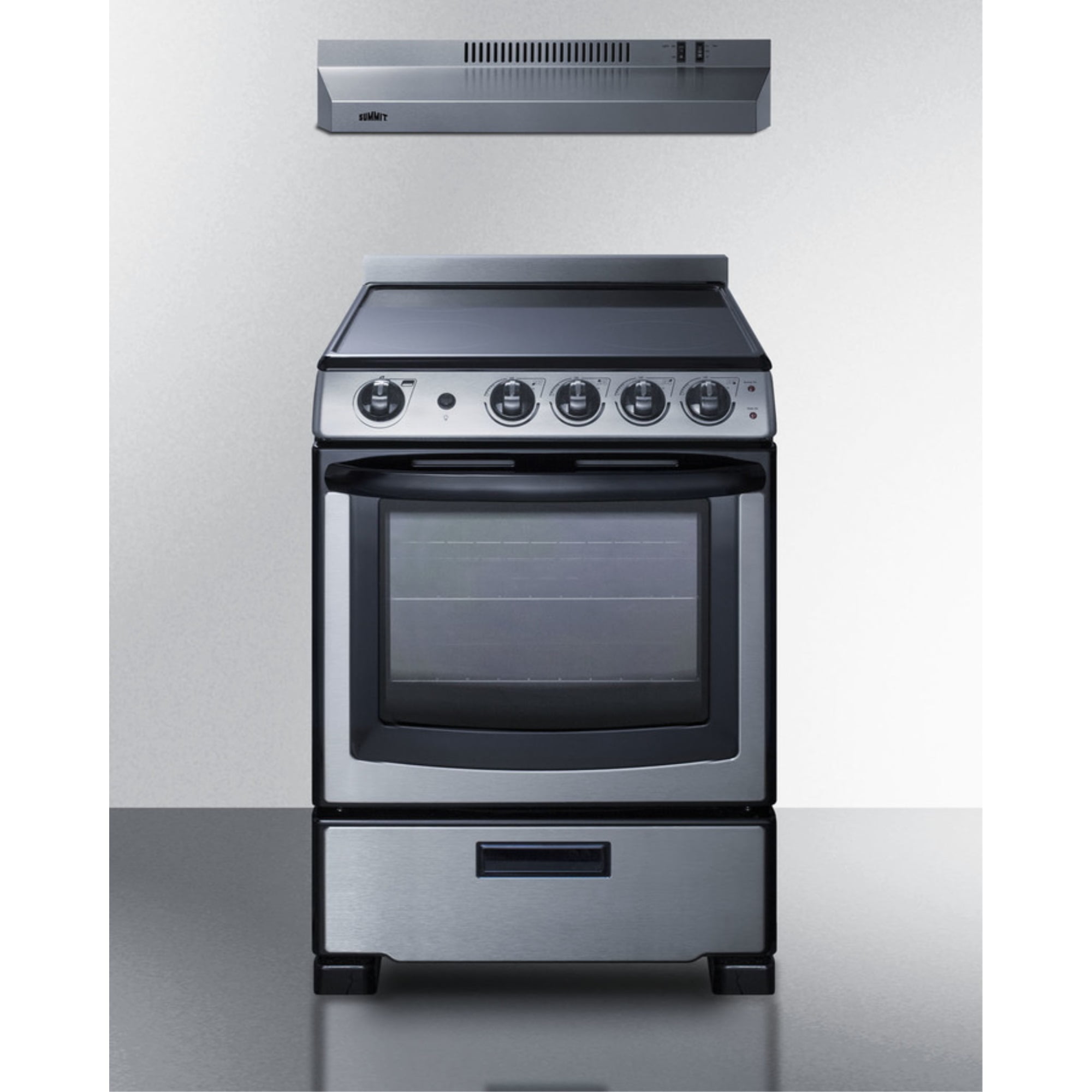 24" wide electric range (REX2451SSRT) and 24" wide convertible range hood (HR24RSS) shipped together