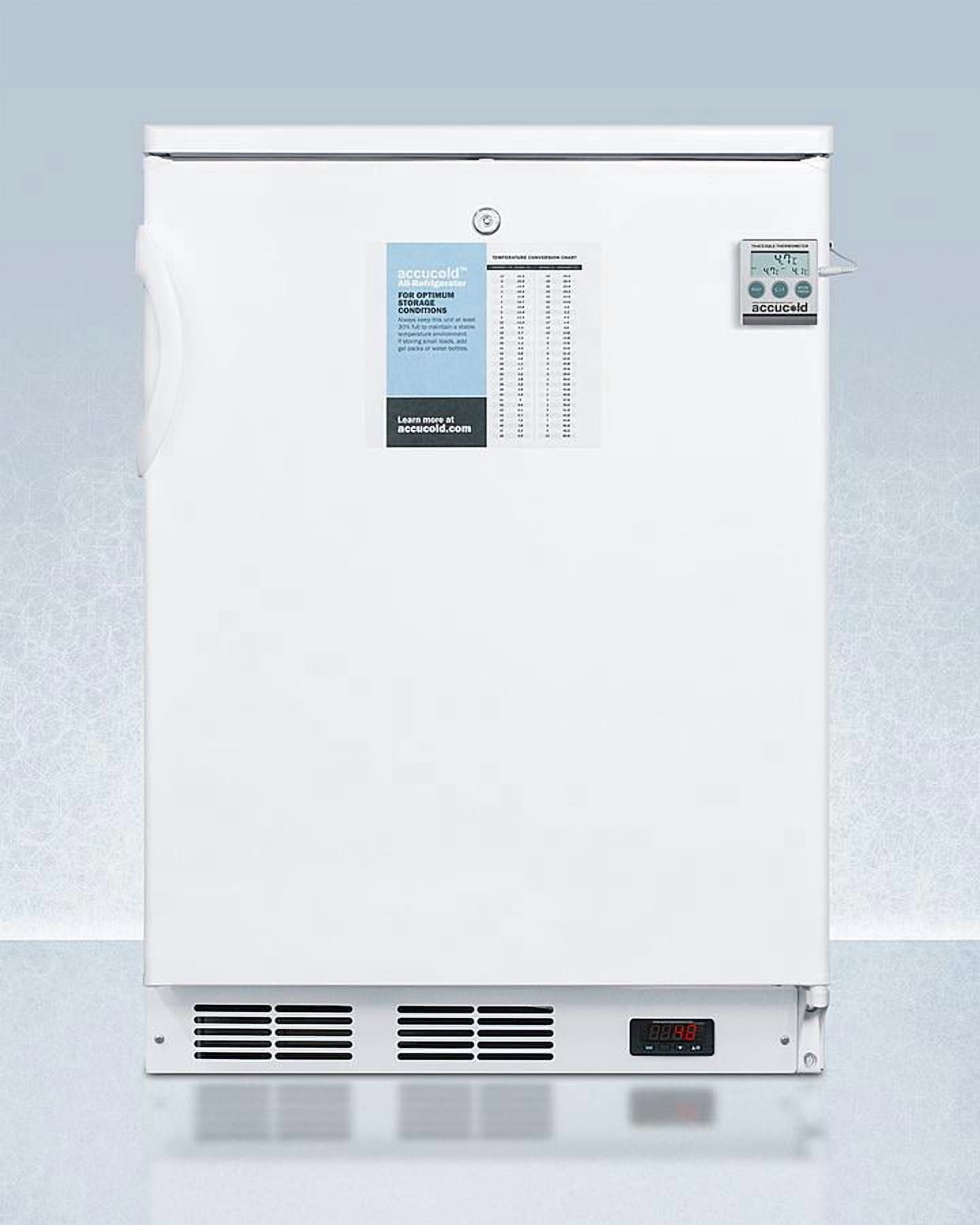 24" wide freestanding all-refrigerator in white, auto defrost with a lock, NIST calibrated thermometer, digital thermostat, and internal fan
