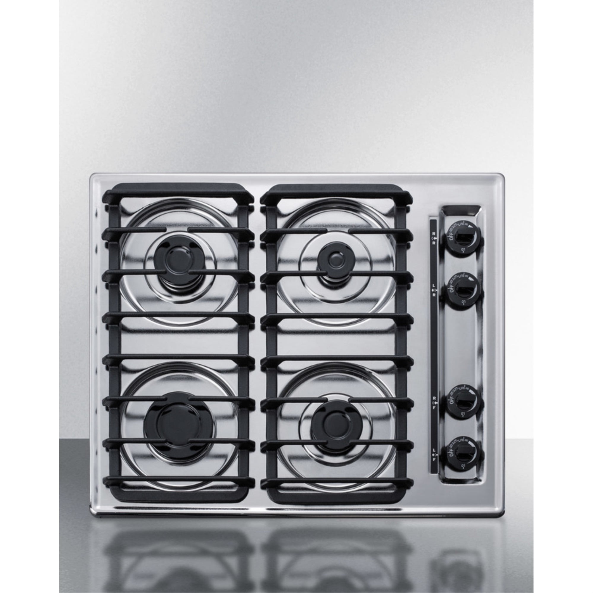 24" Chrome Gas Cooktop with 4 Sealed Burners and Cast Iron Grates