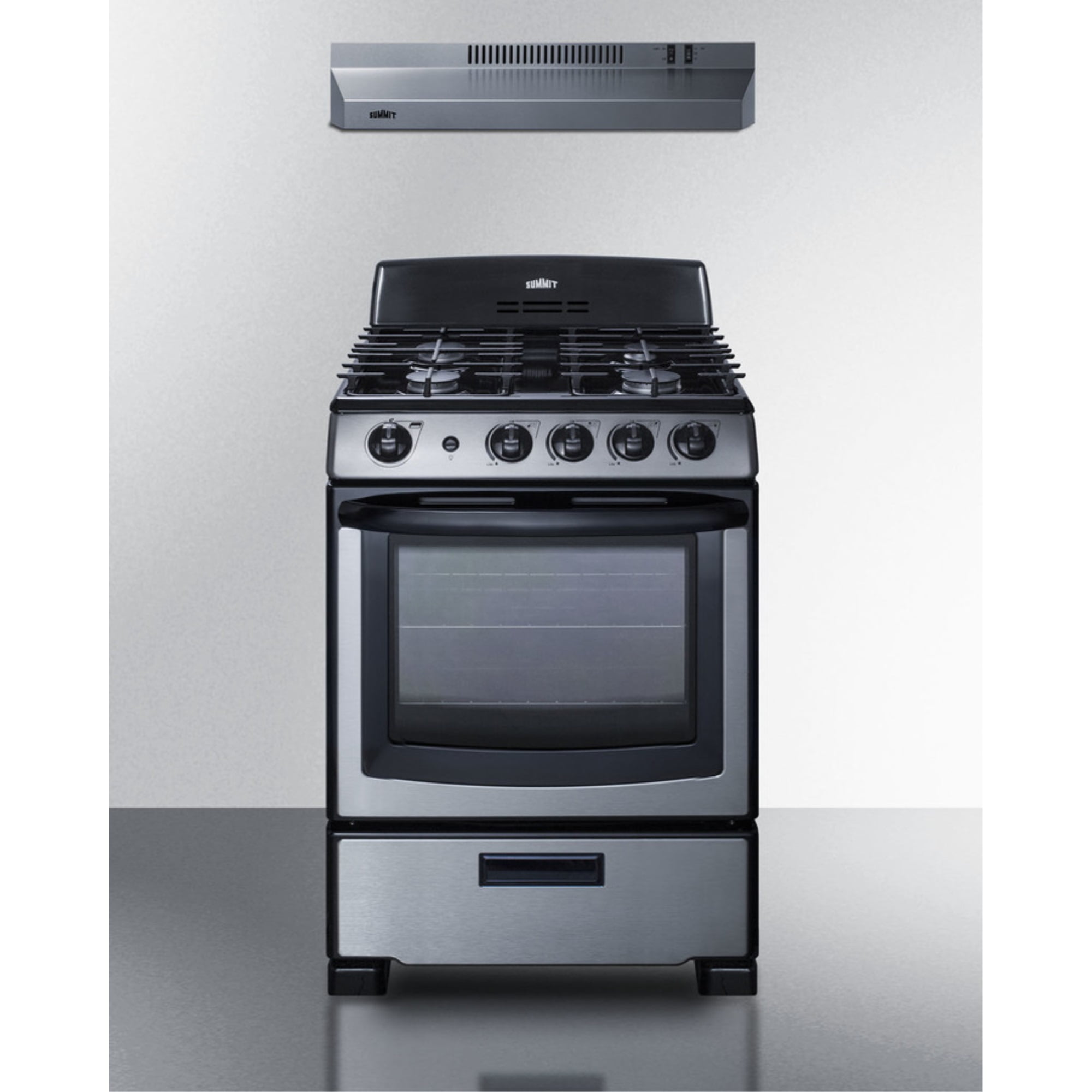 24" wide gas range (PRO247SS) and 24" wide convertible range hood (HR24RSS) shipped together