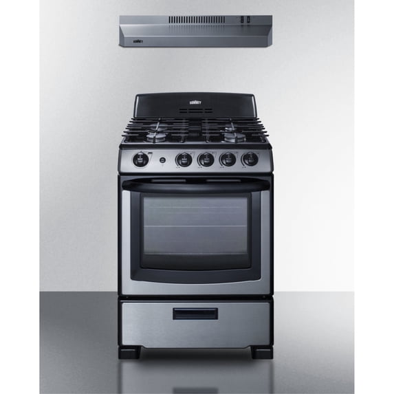 24" wide gas range (PRO247SS) and 24" wide convertible range hood (HR24RSS) shipped together
