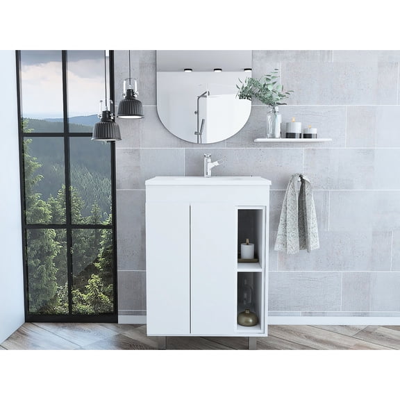 24" wide, resin sink design - Open and double - door storage features - Bathroom use - Sufficient storage for bathroom stuff