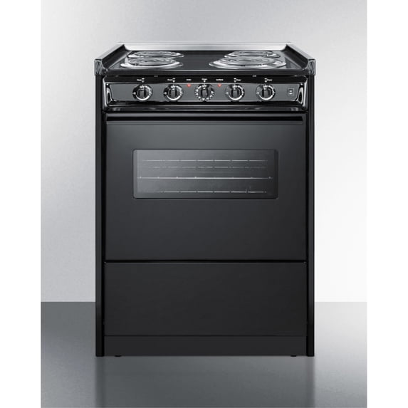 24" wide slide-in style electric coil range in black with window