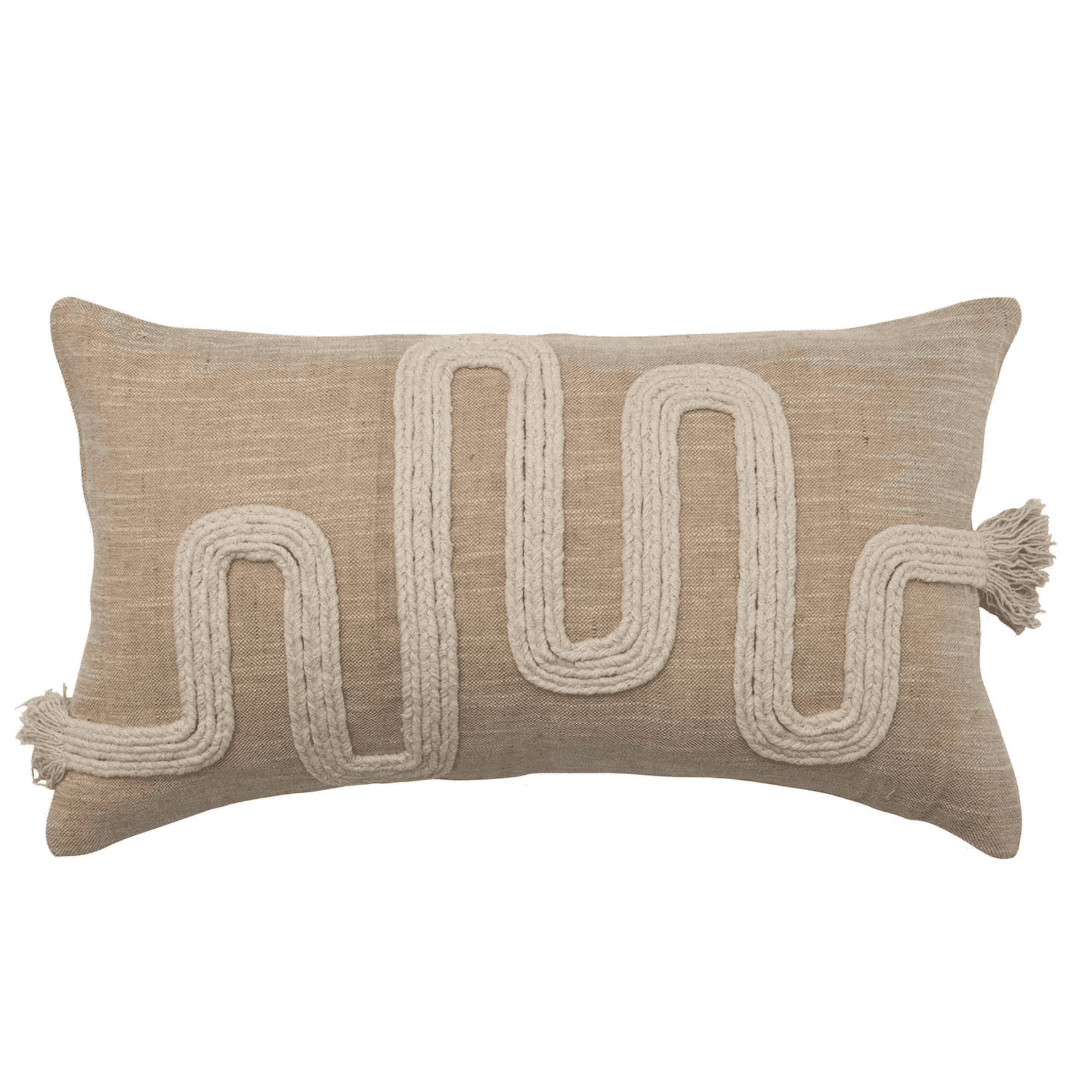 Natural Cotton & Jute 24" Lumbar Pillow with Embroidery & Fringe