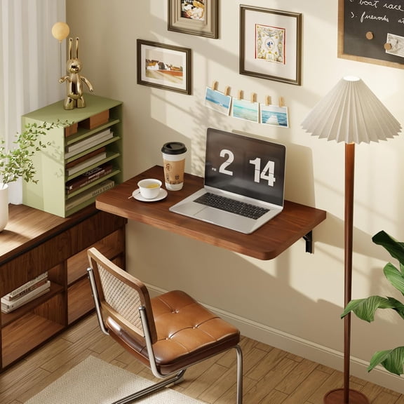 24" x 14" Floating Wall Desk, Fold Down Wall Table - 100 lbs Heavy Duty Solid Pine Wall Mount Folding Desk for Home Office, Laundry Room, Kitchen & Small Apartment, Walnut