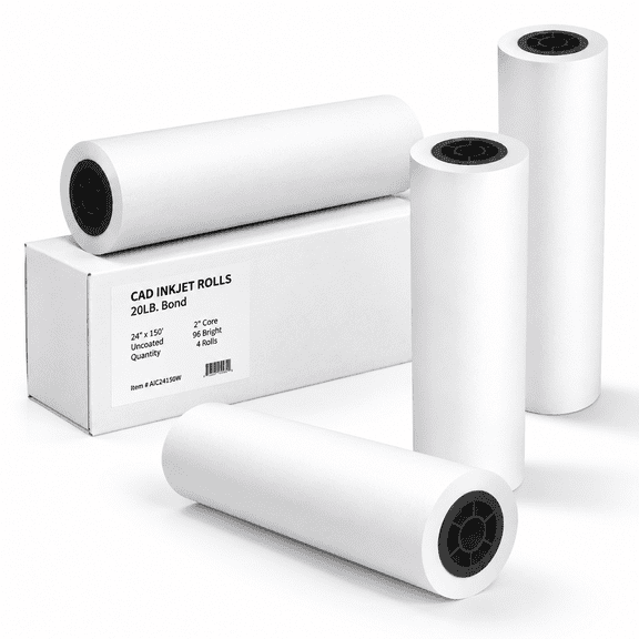 24 x 150 Foot Plotter Paper Rolls, 20 Lb Bond, 2" Core, 4 Per Box