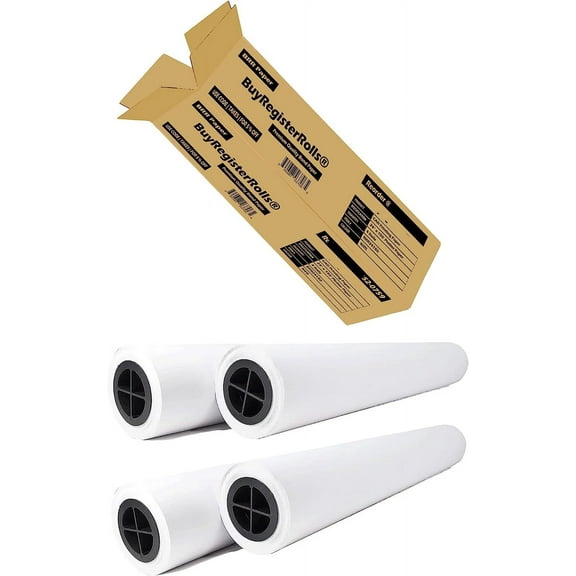 24 x 150 Plotter Paper (New and Premium 4 Rolls) 20 lb Uncoated 96 Bright White (75 GSM with 2 Core) CAD Paper Rolls For Engineers, Architects, Copy Service Shops w/Inkjet Printers