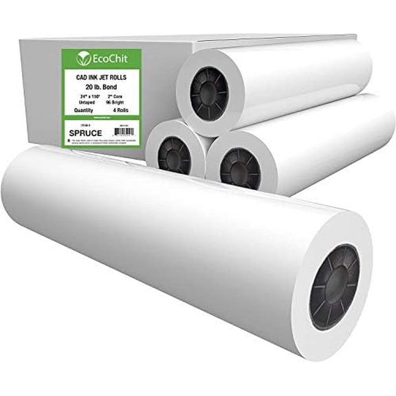 24" x 150' Plotter Paper Rolls 92 Bright 20lb 2" Core, 4 rolls - Every Case Plants Two Trees