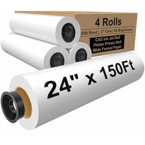24" x 150ft Wide Format Paper 2" Core, White Plotter Paper CAD Bond 4 Rolls$$Office