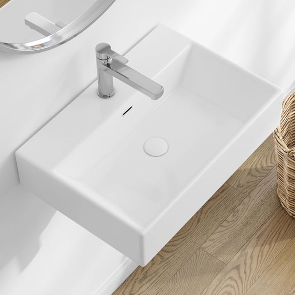 24" x 16.5" Bathroom Sink Vessel Rectangle, Eridanus Wall Mounted Sinks Countertop Vanity Floating Trough Washbasin, Wall Hang Ceramic Porcelain Modern White Art Basin Bowl with Overflow