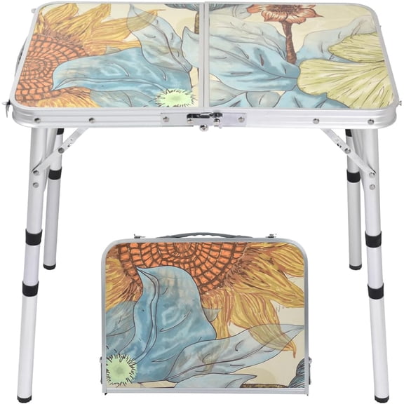 24" x 16" Adjustable Height Folding Camping Table, Portable Aluminum Picnic Table with Sunflower Print, Lightweight Foldable Dining Table for RV, Picnic, Beach, Outdoor & Indoor Use