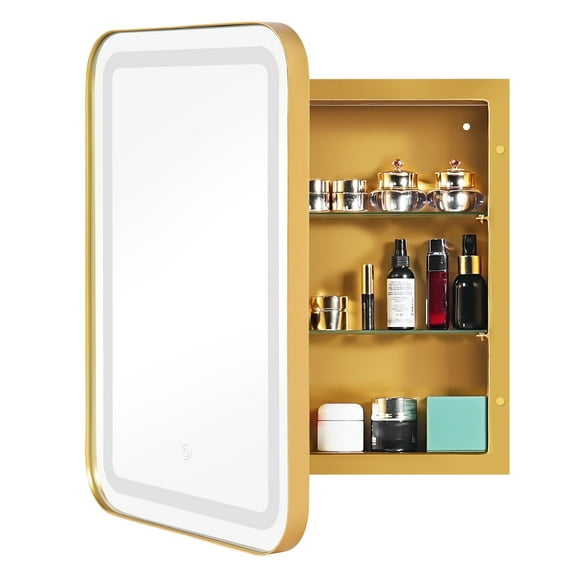 24"x 16" Bathroom LED Mirror Medicine Cabinet with Lights, Recessed or Wall Mounted Bathroom Vanity Mirror with 2 Adjustable Storage Shelves, Defogger, Dimmable, Memory Function,Gold