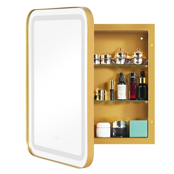 24"x 16" Bathroom LED Mirror Medicine Cabinet with Lights, Recessed or Wall Mounted Bathroom Vanity Mirror with 2 Adjustable Storage Shelves, Defogger, Dimmable, Memory Function,Gold